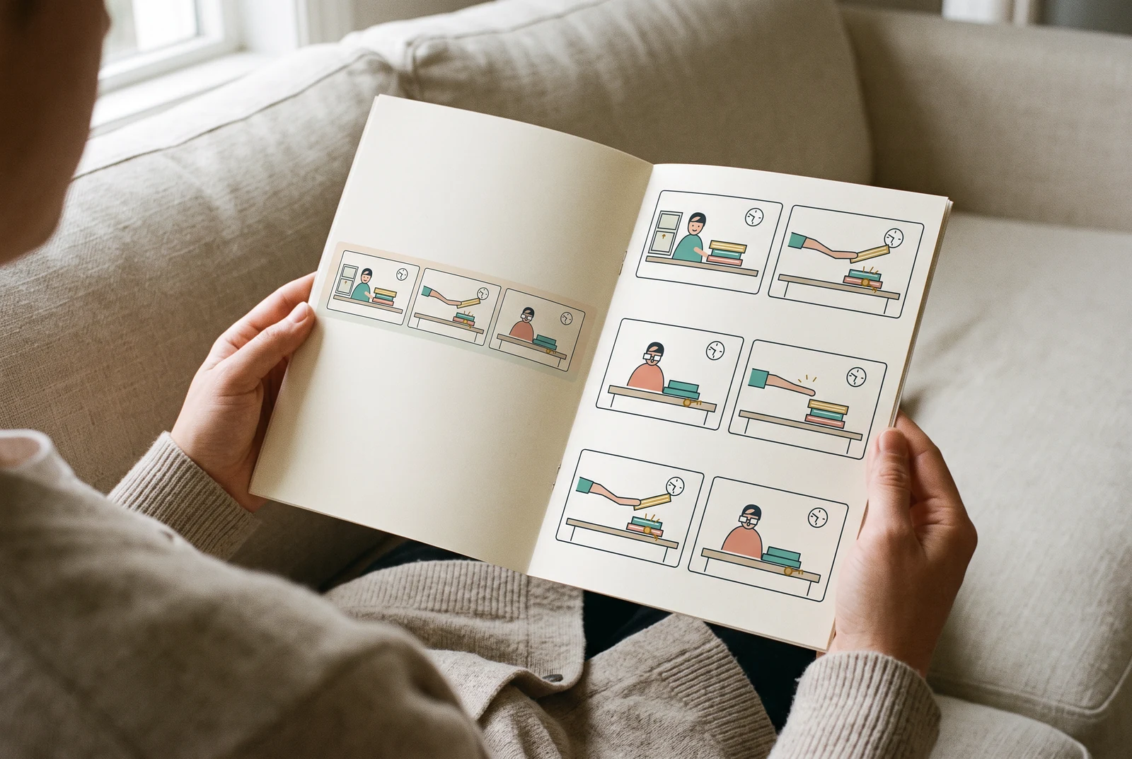 Rokas tur atvērtu bibliotēkas komiksa piemēra bukletu uz dīvāna.